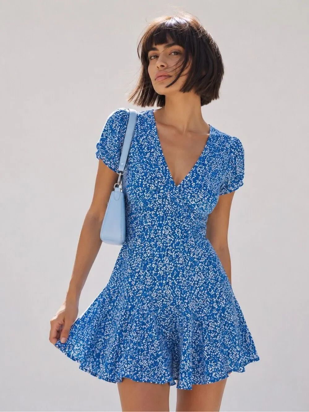 NWT Princess Polly The Sting Mini Dress Petite Blue Floral Puff Sleeve US 8
